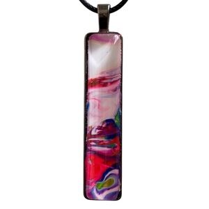 Handmade Pink Red Fluid Art Bar Pendant Necklace Abstract Statement